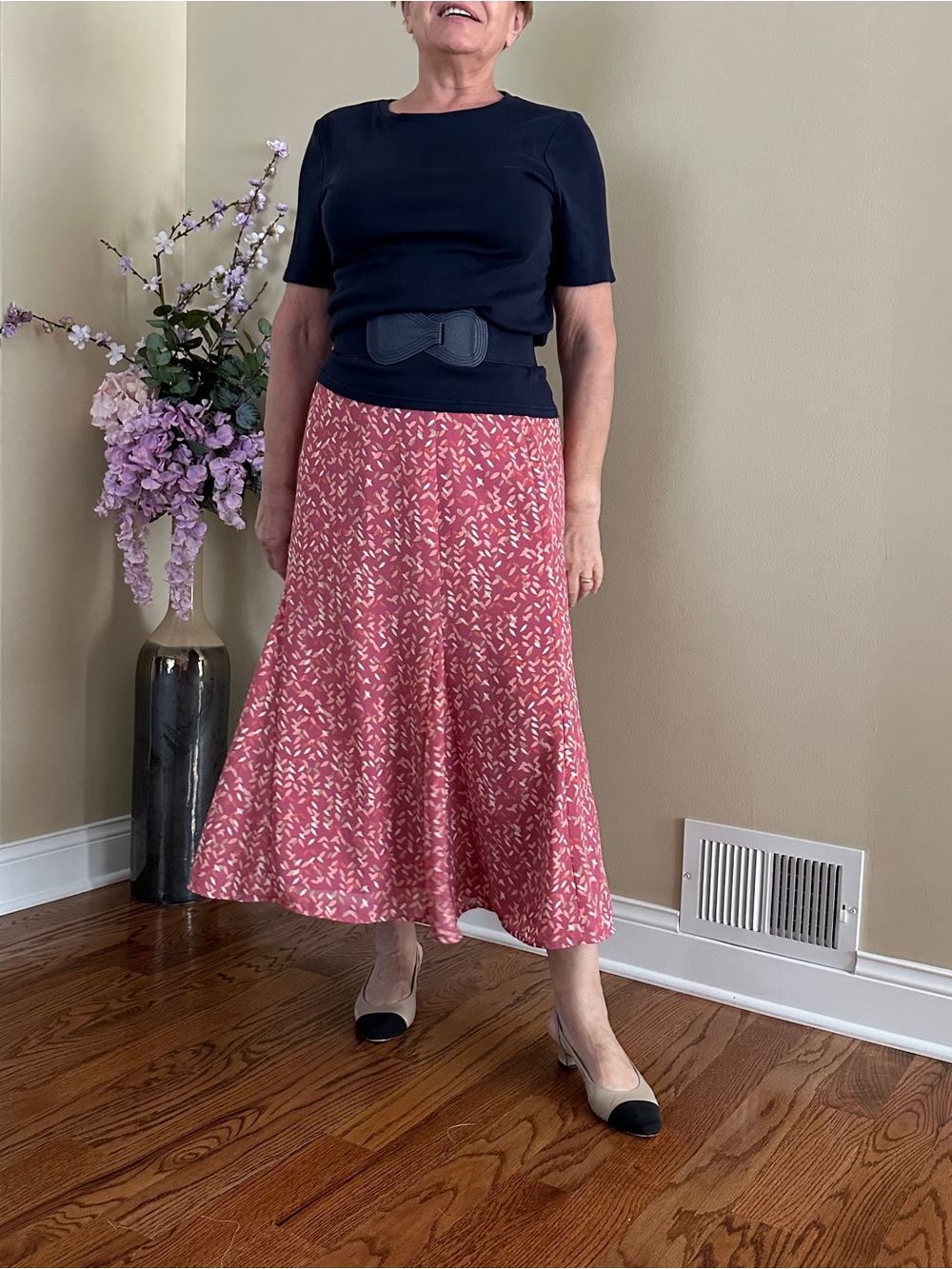 Villager Pink Printed A-Line Lined Midi Women's Skirt, Sz 14
